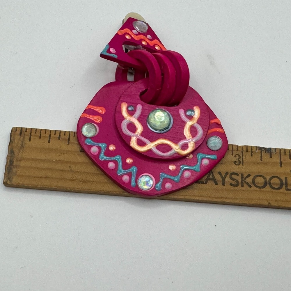 Vintage Carol For Eva Graham Clip On Earrings Large Dangle Bright Pink Geometric - Picture 10 of 10
